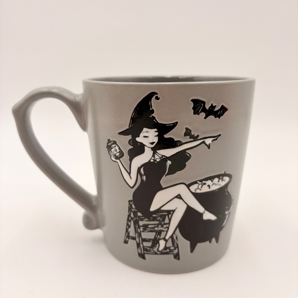 Grey Witch Pinup Coffee Mug Halloween Cauldron Bats Matte Ceramic Cup